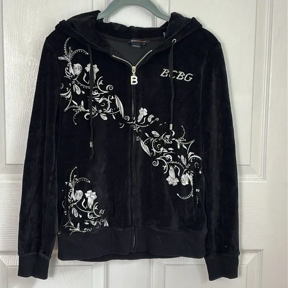BCBG Y2K black velvet zip up hoodie rhinestone embellished size Medium birds - Picture 2 of 11
